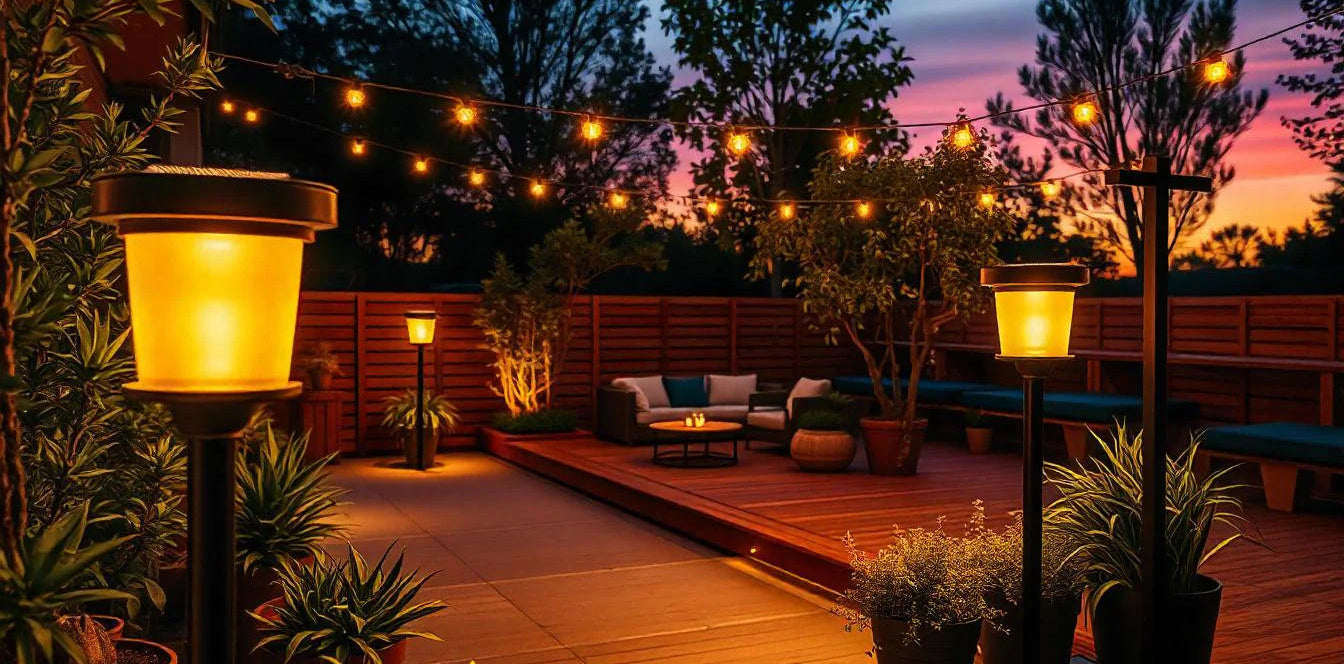 Outdoor patio with string lights and a fire pit at dusk