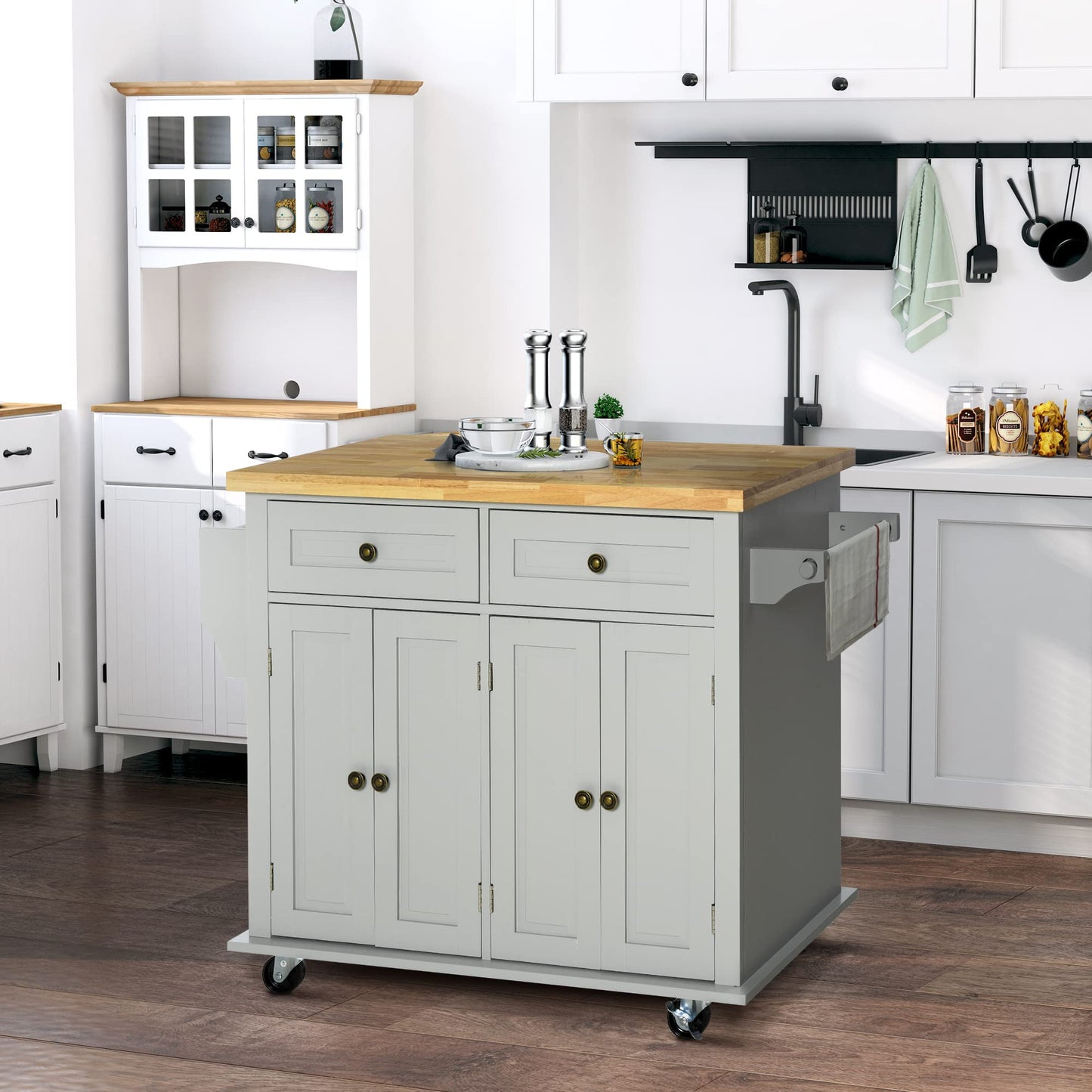 HomCom Kitchen Island on Wheels, Rolling Cart with Rubberwood Top - B098F16SDJ