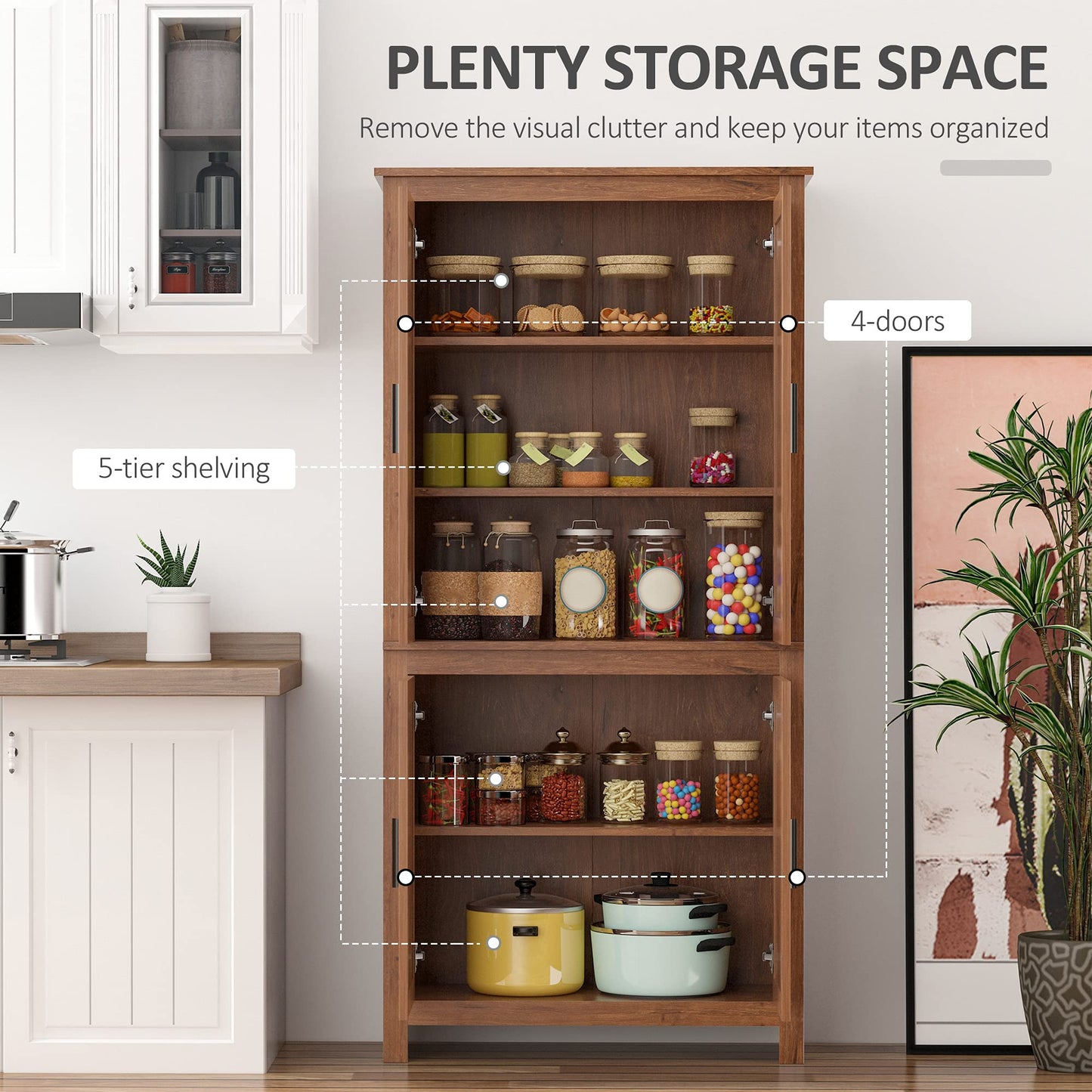 HOMCOM 64" Kitchen Pantry Cabinet, Freestanding Storage Cabinet with 4 Doors and 3 Adjustable Shelves for Dining Room, Oak - B0CGR31CKN