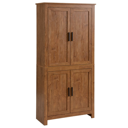 HOMCOM 64" Kitchen Pantry Cabinet, Freestanding Storage Cabinet with 4 Doors and 3 Adjustable Shelves for Dining Room, Oak - B0CGR31CKN