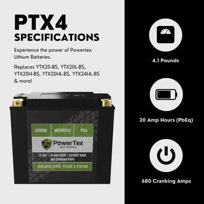 PowerTex Batteries YTX20H-BS LiFePO4 Lithium Iron Phosphate Motorcycle Battery