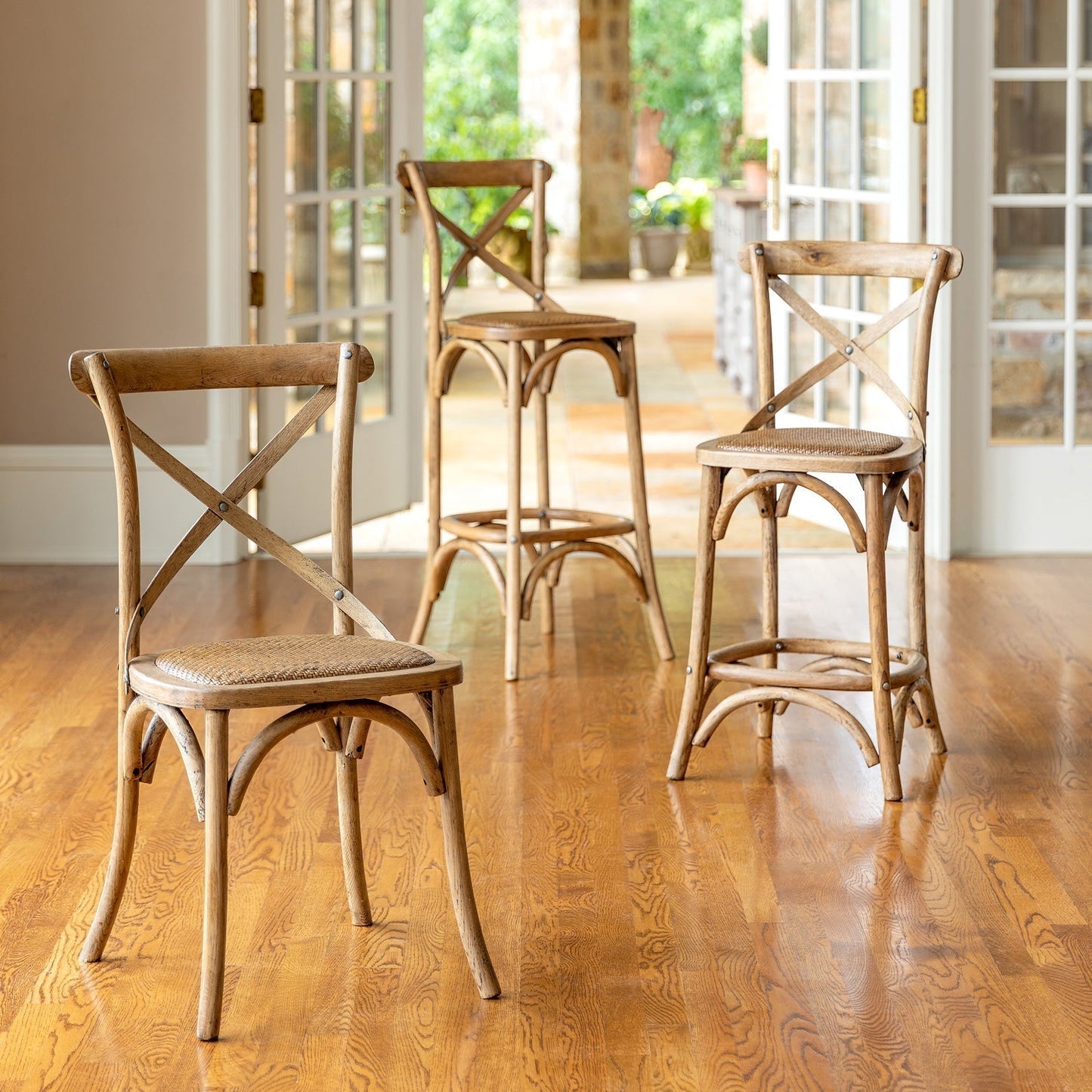 Park Hill Collection Wooden Cross Back Counter Stool - Rustic Aged Finish, Cane Woven Seat, Perfect for Farmhouse Decor - EFS81570